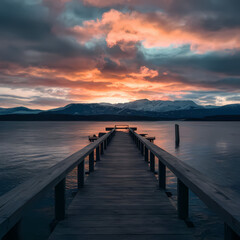 A serene pier at sunset, with vibrant colors illuminating the mountains in the background.