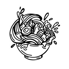 This dynamic black-and-white illustration depicts a bowl of steaming ramen noodles with a splash of broth, capturing the essence of traditional Japanese comfort food in a bold, hand-drawn style