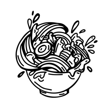 recommend clip art: This dynamic black-and-white illustration depicts a bowl of steaming ramen noodles with a splash of broth, capturing the essence of traditional Japanese comfort food in a bold, hand-drawn style