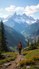 Hiker exploring breathtaking mountain valley landscape on a sunny day