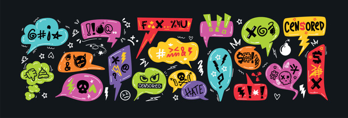 Hand drawn doodle colorful speech bubbles with swearwords, insults, curses and censored symbols. Bad words in talk frames, comic explosion boxes, dialog balloons for angry, negative expressions, hate