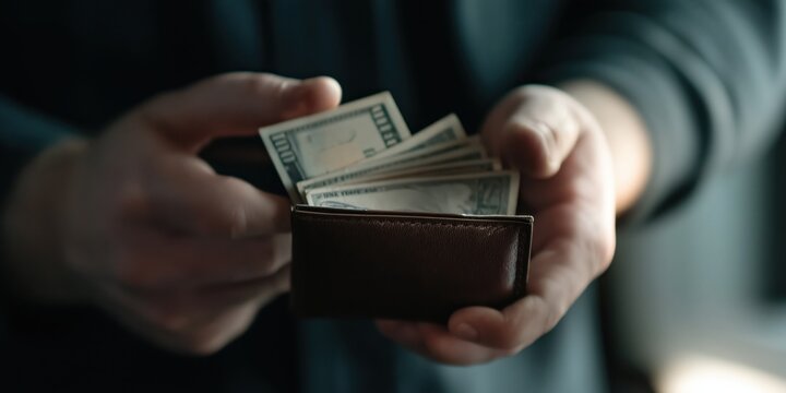 A close-up of hands holding multiple US dollar bills taken from a brown leather wallet indoors, symbolizing wealth, business, and financial transactions.