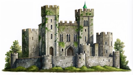 Medieval castles on lush hills and green landscapes in illustrations