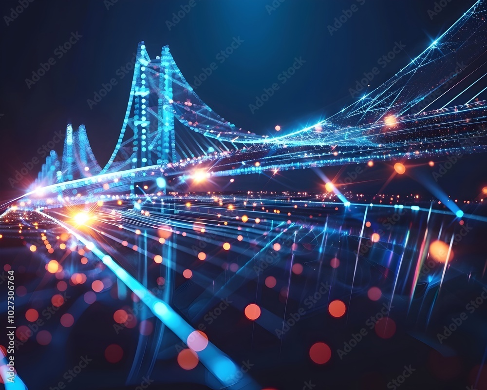 Wall mural illuminated bridge of light and data streams symbolizing technological connections