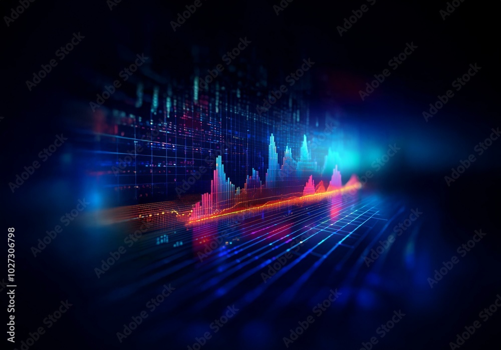 Poster Vibrant neon lines and a grid pattern with a blue and orange glow.