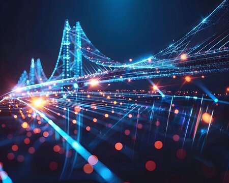 Illuminated Bridge of Light and Data Streams Symbolizing Technological Connections