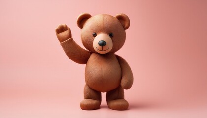 Obraz premium Cute Teddy Bear Waving Hello on Pink Background. Perfect for Children's Products, Invitations, or Toy Promotions