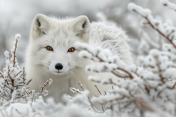 A close up of a white fox in the snow