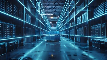 Futuristic Warehouse with AI Powered Inventory Management and Automated Supply Chain Optimization