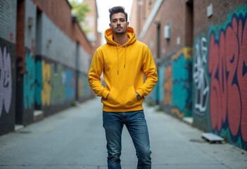 Obraz premium Man in Yellow Hoodie Standing on City Street – Fashion Mockup