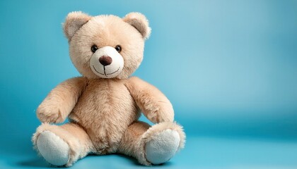 Soft Plush Teddy Bear Toy on Blue Background for Children's Room, Nursery Decor, or Gift Concept. Perfect for Baby Showers, Birthdays, and Comforting Bedtime Companions