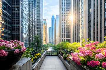 Fototapeta premium Walkway between skyscrapers with blooming flowers in planters.