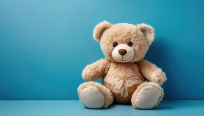 Obraz premium Soft Plush Teddy Bear Toy on Blue Background for Children's Room, Nursery Decor, or Gift Concept. Perfect for Baby Showers, Birthdays, and Comforting Bedtime Companions