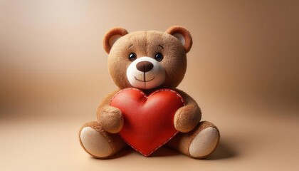 Naklejka premium Adorable Brown Teddy Bear Holding Red Heart. Perfect for Valentine's Day, Love, or Child Gift Concepts in Toy and Relationship Themed Designs