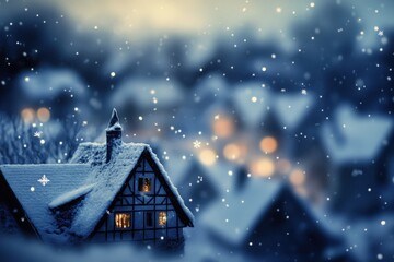 Fototapeta premium Maison en bois sous la neige avec lumière chaleureuse