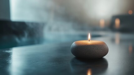 A minimalist spa scene showcasing a candle on a stone, with gentle steam rising in the background for a relaxing atmosphere