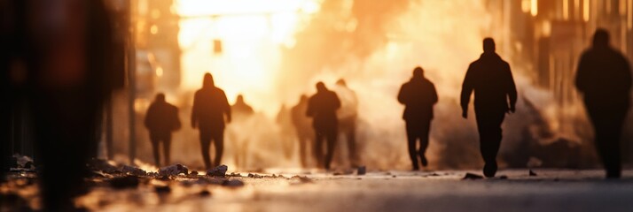Silhouettes of people navigate through a smoky urban setting, with the golden glow of dusk providing an atmospheric backdrop that captures a moment of movement and mystery.