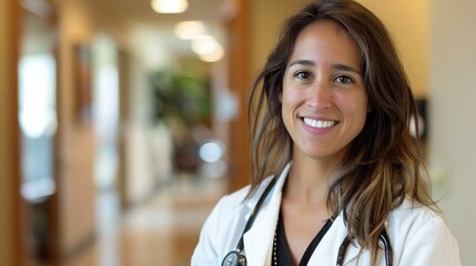 Obraz premium A female doctor in a white coat smiles confidently.