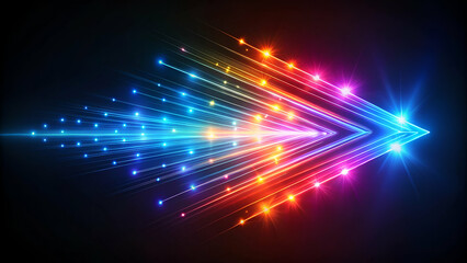 Colorful glowing arrow made of light beams, pointing right on a black background, perfect for digital and sci-fi visuals