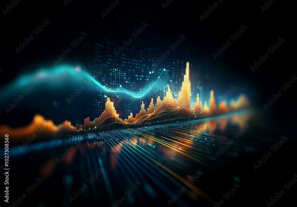 Poster abstract digital background of a glowing gold and blue graph on a black background.