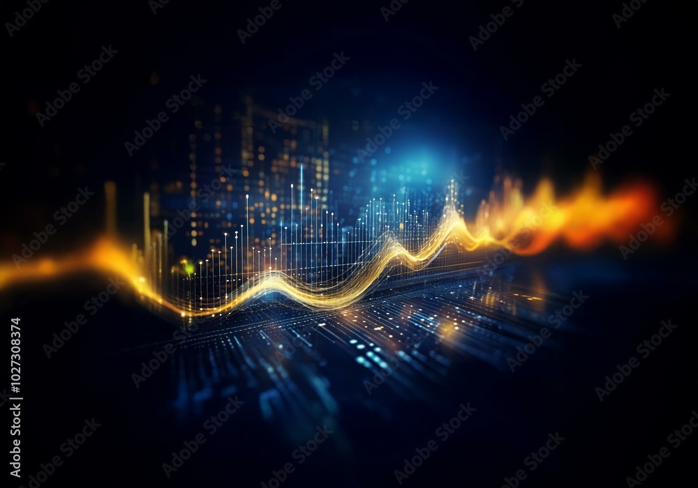Poster Abstract digital illustration of data visualization with glowing lines and a blurred city skyline in the background.