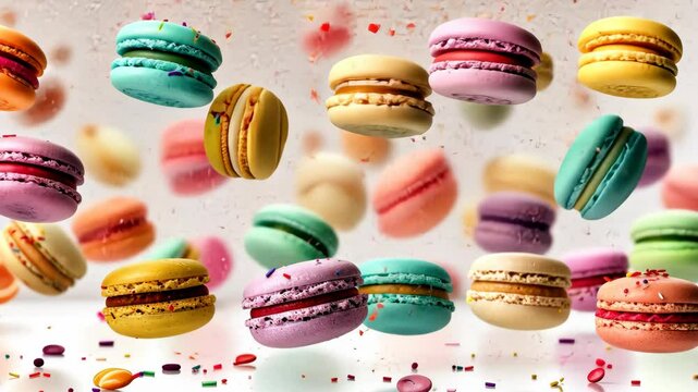Colorful macarons float playfully with sprinkles and candies against a vibrant backdrop in a festive celebration