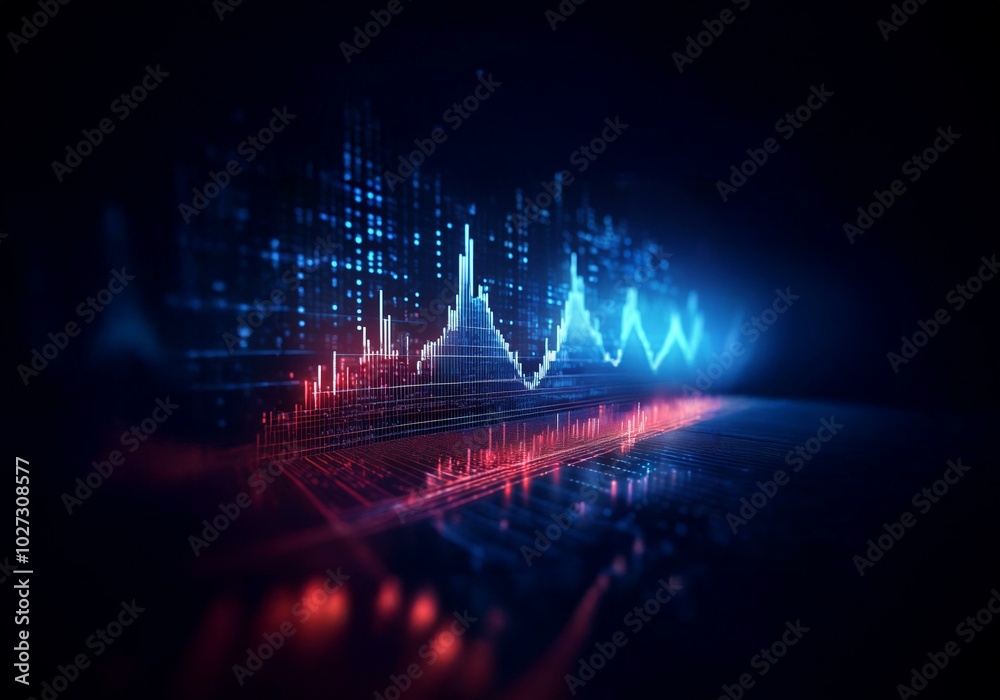 Aufkleber a futuristic glowing blue and red line graph illuminated against a dark background.