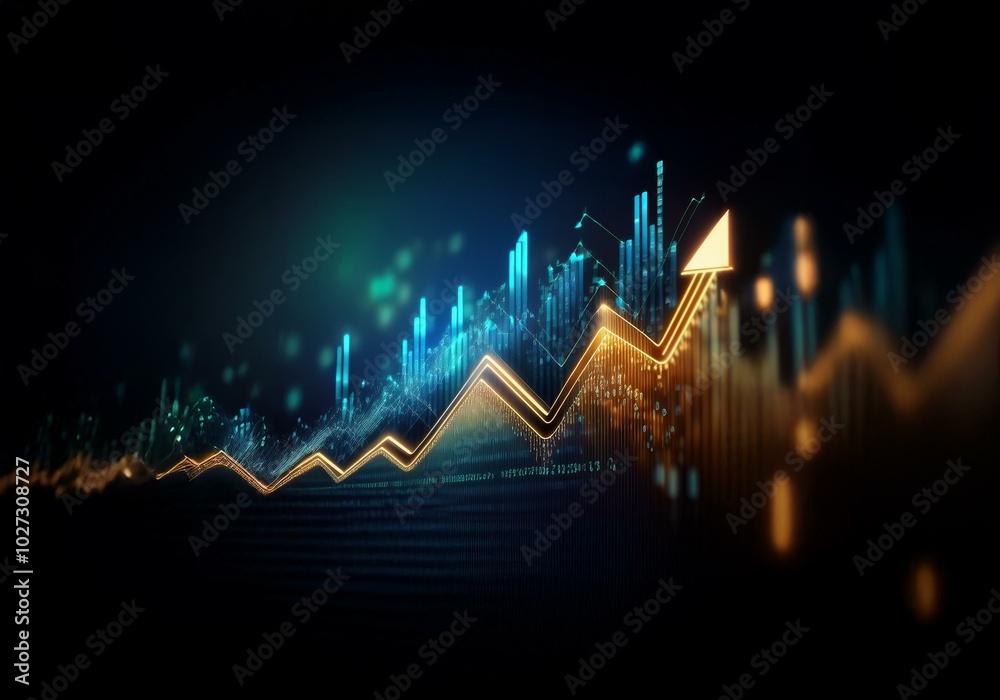 Aufkleber a golden arrow rises across a digital landscape of blue data points and bars.