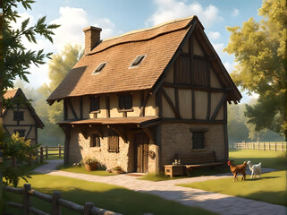 Tall Medieval Farmhouse on Pasture with Animals 
