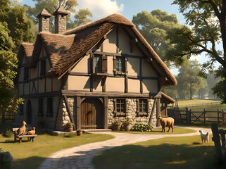Medieval Style House in Pasture with Animals 