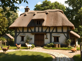 Old Medieval Farmhouse with animals in the woods
