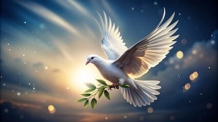 Fototapeta premium A vintage engraving featuring a dove in flight, carrying an olive branch, symbolizes spiritual purity and peace, embodying hope and harmony in timeless elegance.