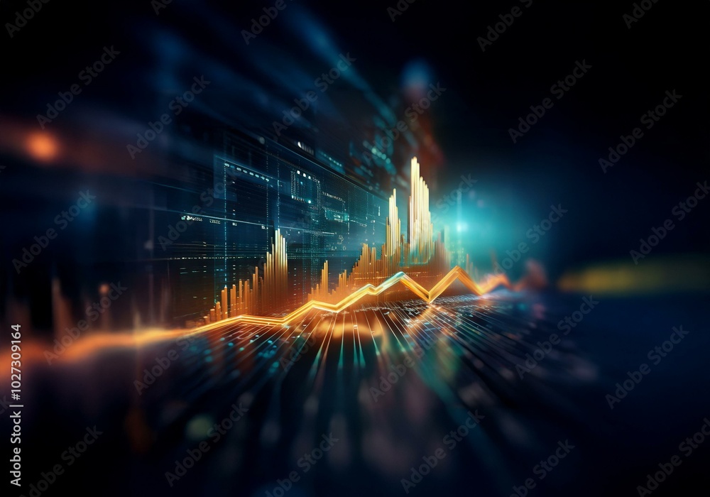 Poster abstract digital art with a glowing orange line graph rising through a digital landscape.