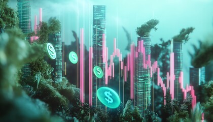 Surreal stock market, whimsical graphs, floating currency symbols, ethereal colors, dreamlike landscapes