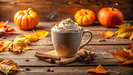 A warm pumpkin spice latte topped with creamy whipped cream and a sprinkle of cinnamon, resting in a cozy autumn setting surrounded by colorful leaves.
