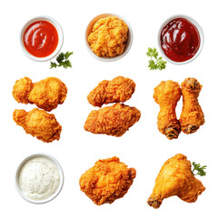 A top view collection of fried chicken and delicious sides, perfect for a mouthwatering feast.