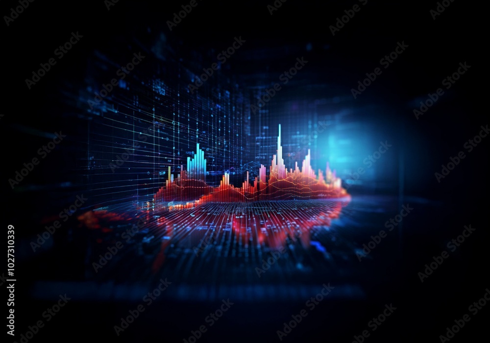 Poster abstract digital background featuring glowing red and blue bars forming a chart.