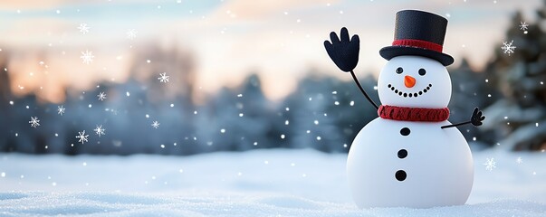Fototapeta premium A cheerful snowman waves amidst falling snow, set against a winter landscape, capturing the essence of holiday joy and seasonal beauty.