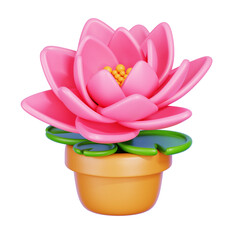 Pink lotus flower in plant pot isolated. Beautiful flower cartoon icon. 3D render illustration.