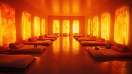 Relaxing atmosphere of a traditional Korean jjimjilbang spa with warm lighting and comfortable cushions