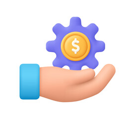 Hand holding gear with coin dollar symbol. Payment process, finance management, save money concept. 3d vector icon. Cartoon minimal style.