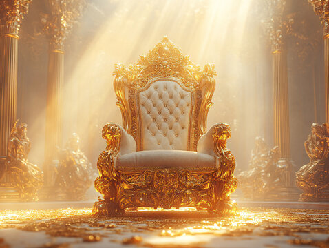 a luxurious room, featuring a large, ornate throne with a red cushion and gold trim. The room is filled with white marble columns and arches, and is illuminated by sunlight streaming in through the wi