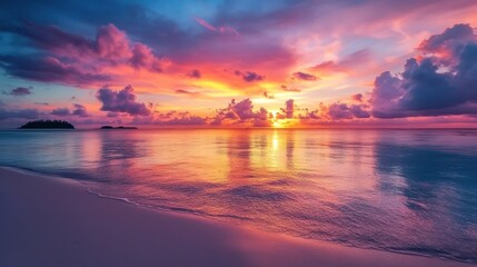 Fototapeta premium Tropical Sunset Over Calm Ocean Waters with Sandy Beach