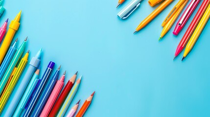 A blue background with an assortment of colored pens and pencils along the sides.