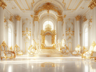 Fototapeta premium a luxurious room, featuring a large, ornate throne with a red cushion and gold trim. The room is filled with white marble columns and arches, and is illuminated by sunlight streaming in through the wi