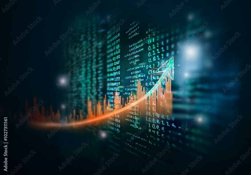 Poster an orange upward trend line with a green arrow on a dark background with green digital code.