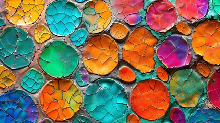 A colorful background made up of cracked circles of paint.