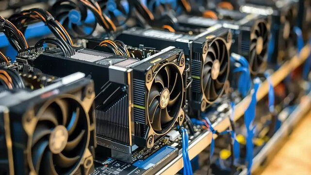 A close-up of multiple graphics processing units (GPUs) arranged in a mining rig setup for cryptocurrency mining.