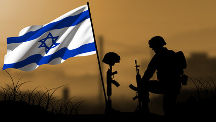 The silhouette of an Israeli soldier weeps for the loss of a comrade in battle, with a large flag waving