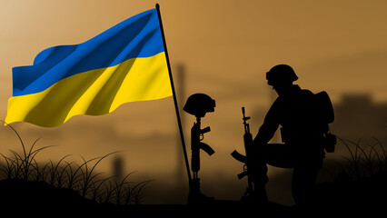 The silhouette of a Ukrainian soldier weeps for the loss of a comrade in battle, with a large flag waving